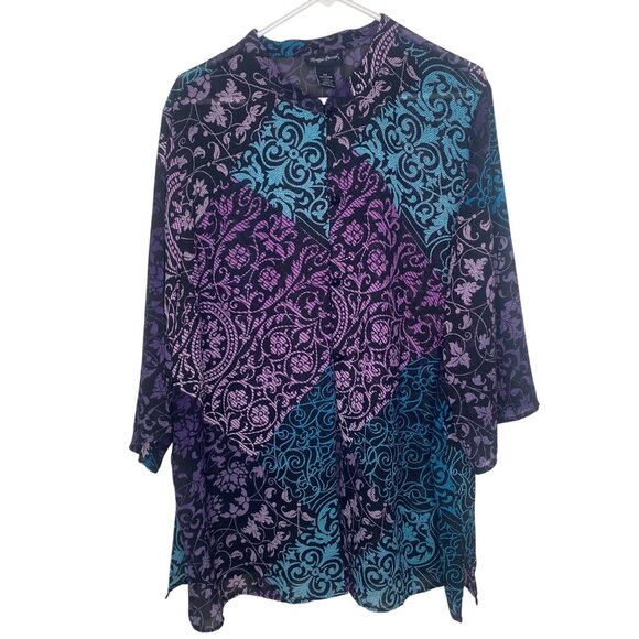Maggie Barnes Womens 2X 22/24W Colorful Sheer Button-Up Tunic Top Black Base Wit - Picture 1 of 11